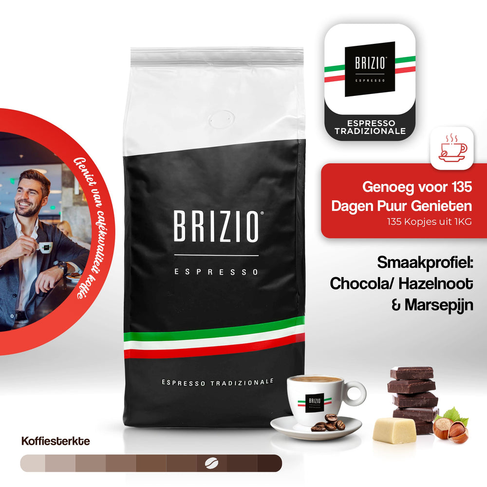 Brizio Espresso Koffiebonen van CaféHuis – 1 kg krachtige koffiebonen, goed voor 135 kopjes espresso. Smaakprofiel met tonen van chocolade, hazelnoot en marsepein, diep en sterk van smaak. Perfecte keuze voor liefhebbers van Italiaanse cafékwaliteit koffie, 100% Arabica, vol aroma, intense espresso-ervaring, premium koffie voor thuis. Ideaal voor espressomachines, volautomaten en filterkoffie, beste keuze voor liefhebbers van krachtige en volle koffie