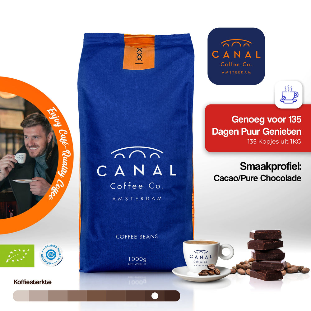 Canal Coffee van GerritsKoffie – sterke biologische koffiebonen (8/9) met cacao en chocolade. Klimaatneutraal, perfect voor espresso thuis.