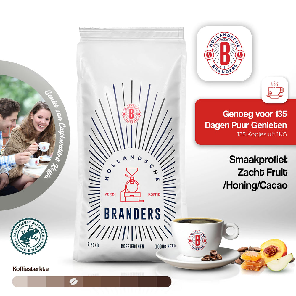 Hollandsche Branders koffie van CaféHuis – Rainforest Alliance gecertificeerde koffiebonen met een zacht fruitig smaakprofiel van honing, cacao en rijpe perzik. Genoeg voor 135 kopjes uit 1 kg, ideaal voor filterkoffie en zachte espresso. Premium cafékwalitvoor thuis, met zorg geproduceerd, duurzame en verantwoorde koffie. 100% Arabica bonen, vol van smaak en mild, perfect voor een verfijnde koffiebeleving. Geniet van een authentieke, zachte kop koffie met een rijke en natuurlijke afdronk