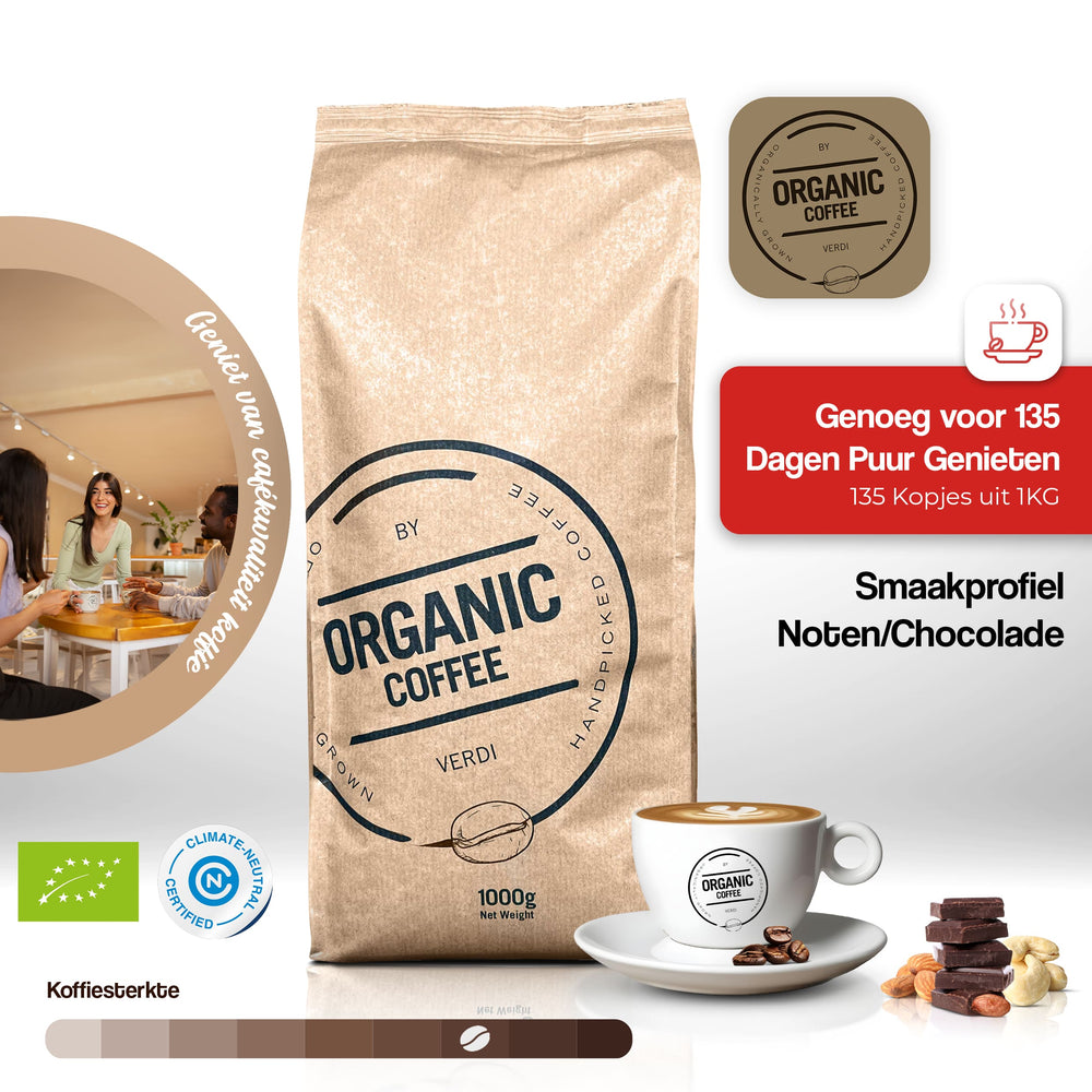 Organic Coffee: 100% biologisch, Climate Neutral gecertificeerd. Smaakprofiel: noten, pure chocolade, diep en vol aroma. Ideaal voor espresso en cappuccino. Krachtige koffiebonen voor liefhebbers van duurzame, intens smaakvolle koffie. Perfect voor barista-kwaliteit thuis. Handgeplukt, slow roast voor optimale smaak. 135 kopjes per kilo. Geschikt voor volautomaat en pistonmachines.