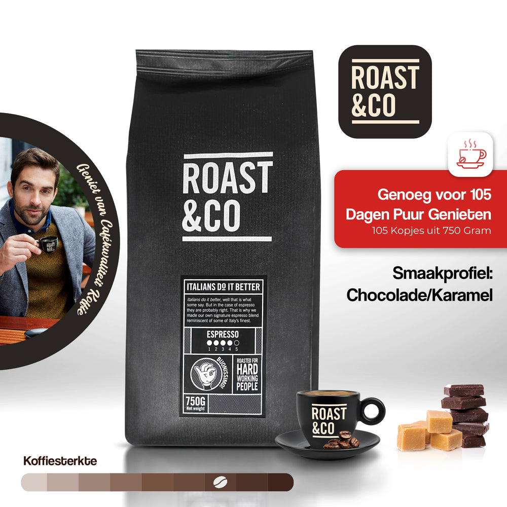 Roast and Co koffiebonen 750 gram - Italiaanse espresso met smaakprofiel chocolade en karamel. Donker gebrand voor krachtige koffiebeleving. Genoeg voor 105 kopjes, perfect voor liefhebbers van cafékwaliteit. Hoogwaardige bonen, ideaal voor volautomatische koffiemachines en espressomachines. Verkrijgbaar bij CaféHuis