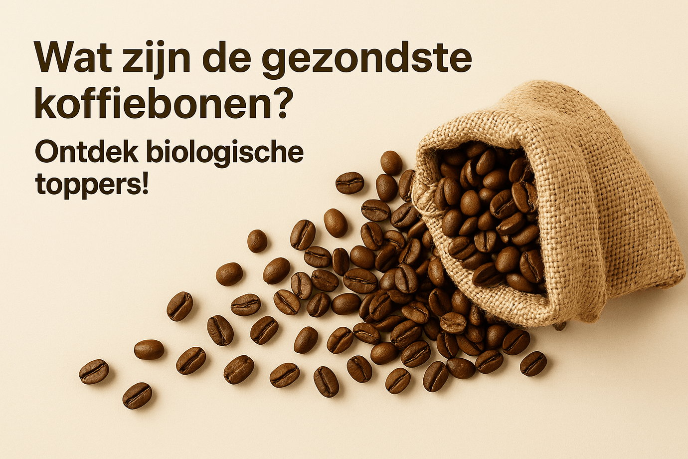 Jute zak met biologische koffiebonen uitgestrooid op een lichte achtergrond