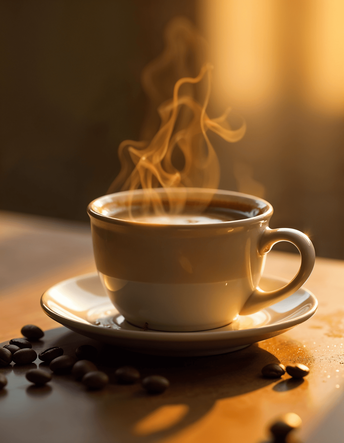 Dampende kop koffie met koffiebonen bij blog over koffieprijzen 2025