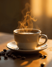 Dampende kop koffie met koffiebonen bij blog over koffieprijzen 2025