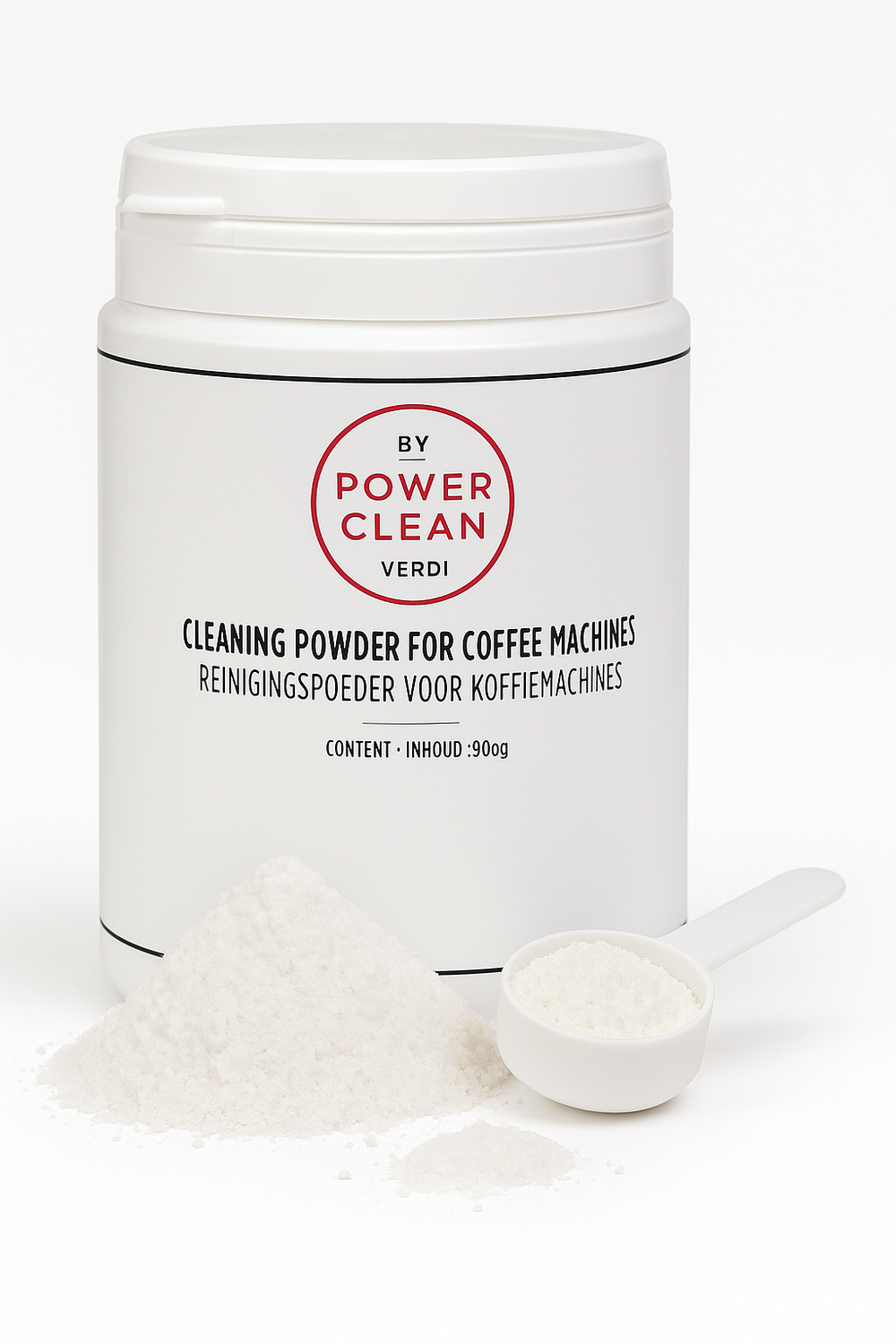 White cleaning powder for coffee machines in a container by Power Clean, 900g with a measuring scoop