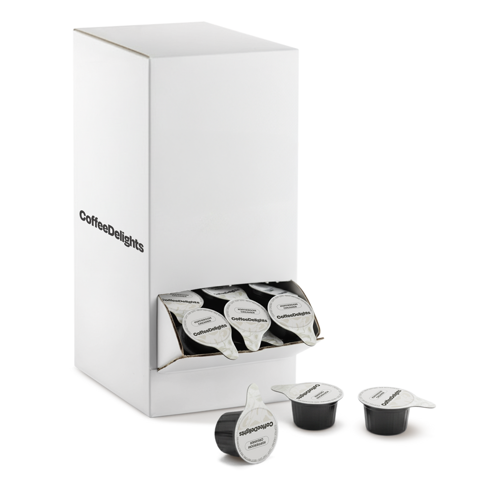 CoffeeDelights Melkcups by Gerrits Koffie, 200x7.5g cream cups for horeca, black and white packaging.