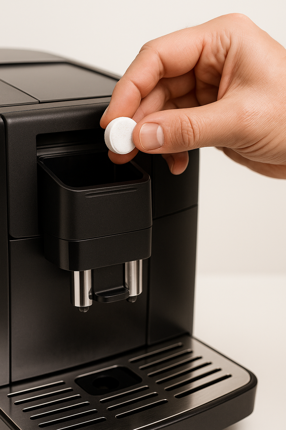 White cleaning tablet for coffee machines being inserted into a black unit by Gerrits Koffie.