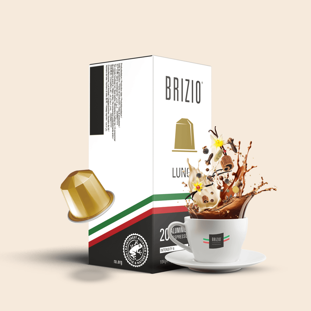 Brizio Lungo Cups en Capsules van CaféHuis - Intensiteit 5/9. Laat je meeslepen door een rijke en romige smaakbeleving die de essentie van echte Italiaanse Lungo vangt. Perfect gebalanceerd met zachte tonen en een fluweelzachte afdronk. Ontdek de kunst van Italië's beste koffie in elke capsule of cup, voor een ultieme koffie-ervaring thuis.