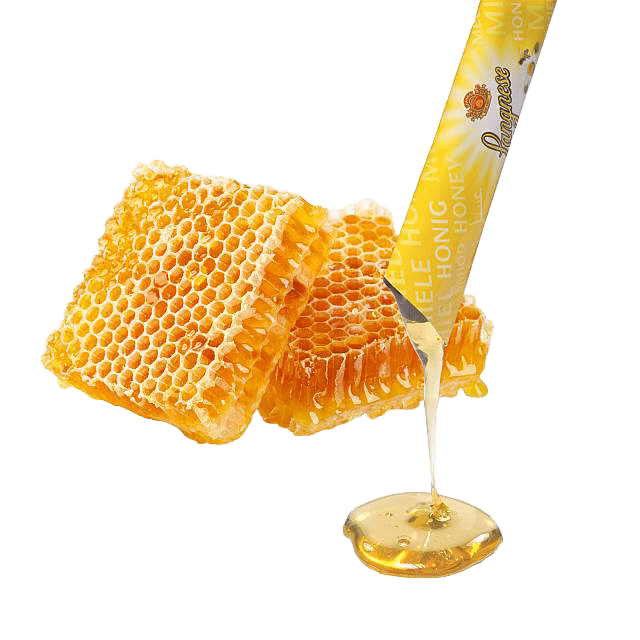 Langnese honey sticks, natural honey in individual packets, with honeycomb slices and a honey drip.