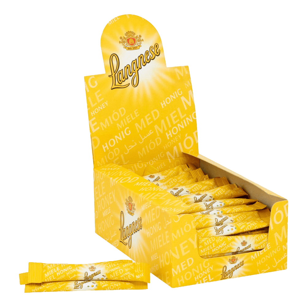 Langnese natural honey sticks in a bright yellow display box, featuring 80 individually wrapped pieces.