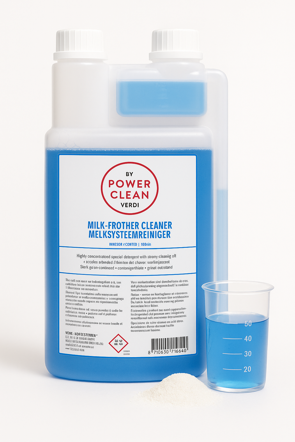 Blue liquid milk system cleaner in a large container with a measuring cup for professional coffee machines.