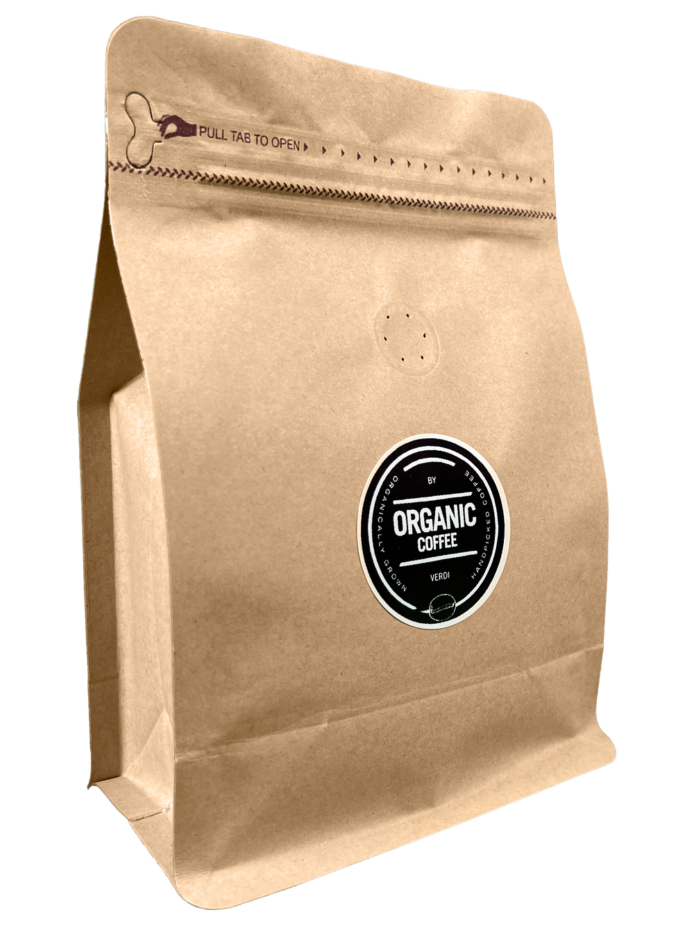 Bruine kraft zak Organic Coffee met zwart-wit label en pull tab sluiting, geïsoleerd op transparante achtergrond.