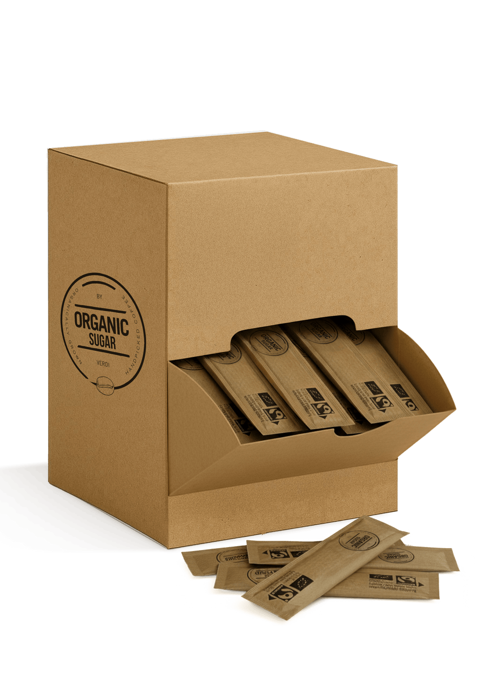 Brown box containing 500 organic sugar stick packets by Gerrits Koffie.