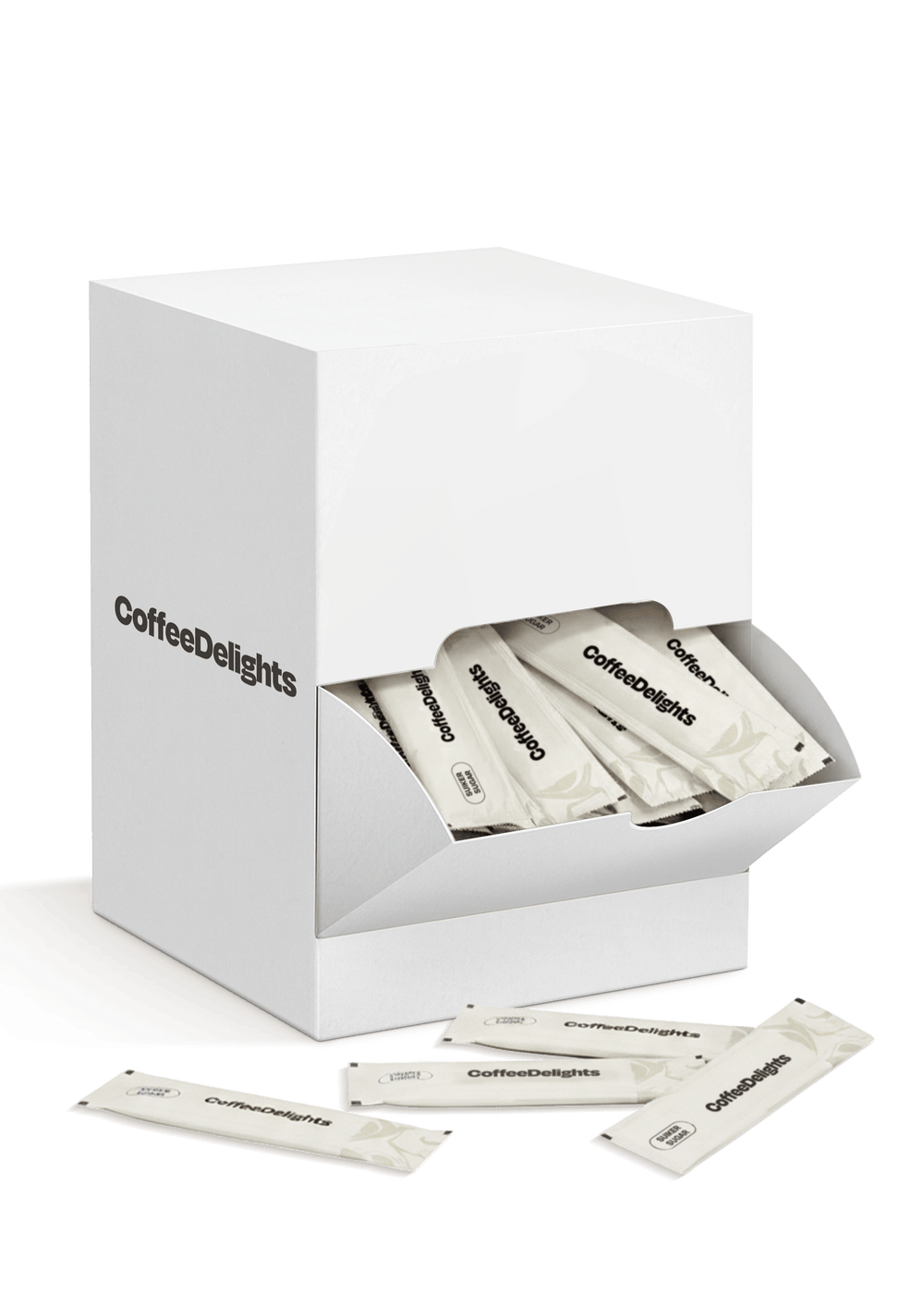 White box of CoffeeDelights Suikersticks, individually packaged sugar sticks, with visible contents and branding.